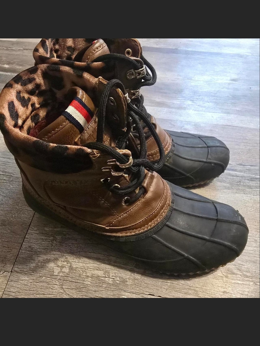 Tommy Hilfiger Brown Leather-Look & Black Rubber Duck Boots with Leopard Trim